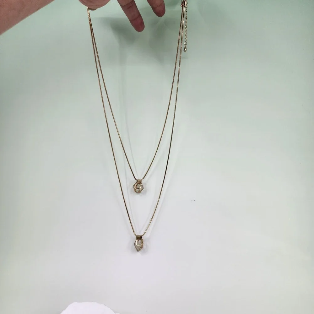 Gold Tone Layered Necklace Set 2 Clear Faceted Geometric Cage Pendants Gift